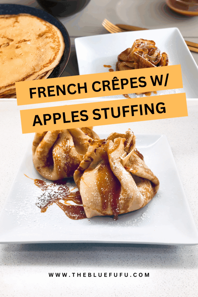French crêpes with apple stuffing on a white plate.