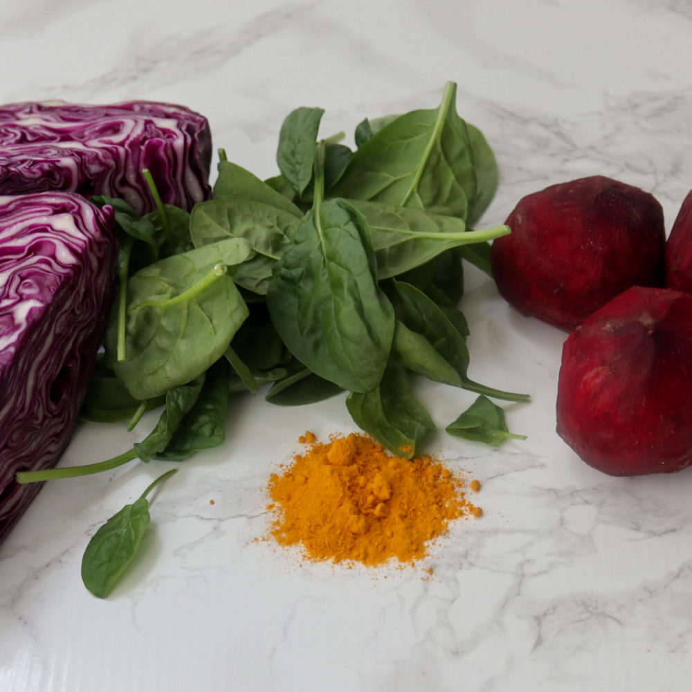 spinach, beets, turmeric, red cabbage