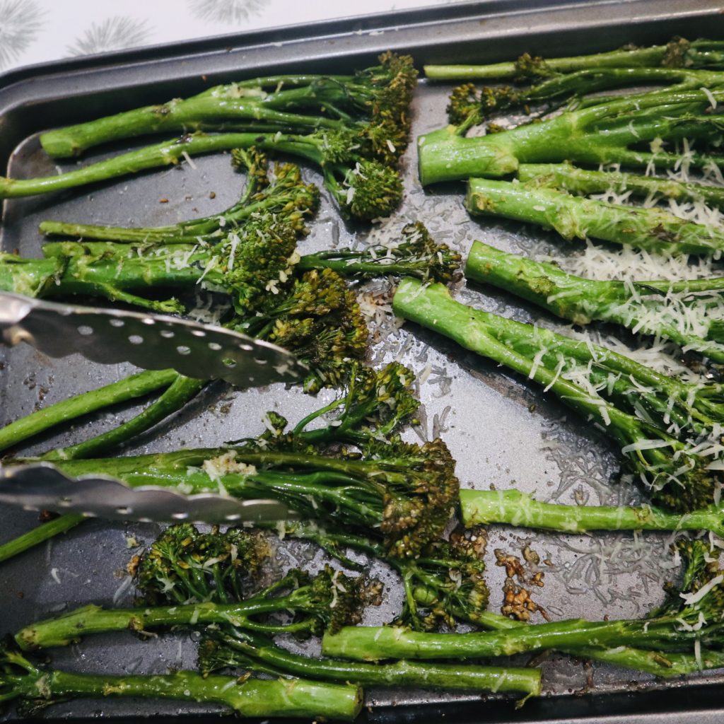 Grilled broccolini on baking sheet