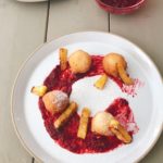 beignets with raspberry sauce and pineapple