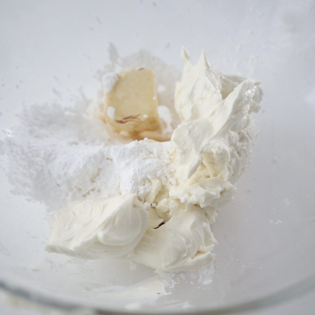cream cheese, butter, icing sugar, vanilla in a bowl