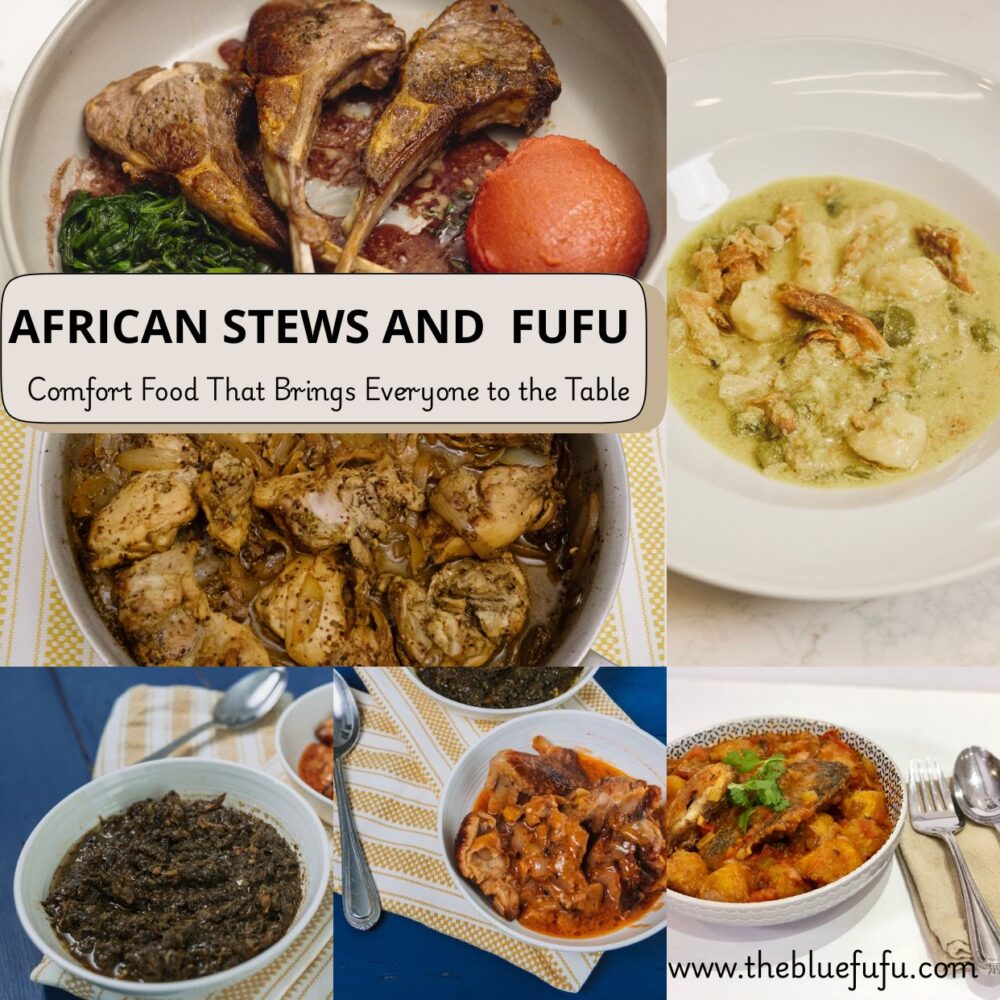 pondu, red fufu and lamb chops, boiled plantains and tilapia chicken Hassan